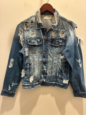 Vintage Y2K Thrashed Distressed Denim Light Blue Denim Jacket Size S